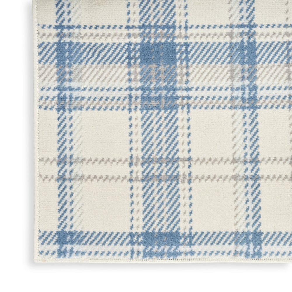 8' Blue And Ivory Plaid Runner Rug