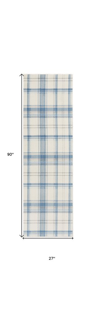 8' Blue And Ivory Plaid Runner Rug