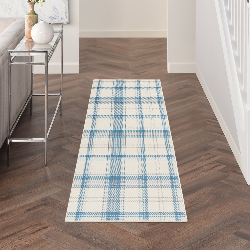 8' Blue And Ivory Plaid Runner Rug