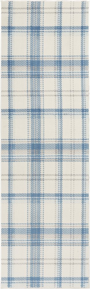8' Blue And Ivory Plaid Runner Rug