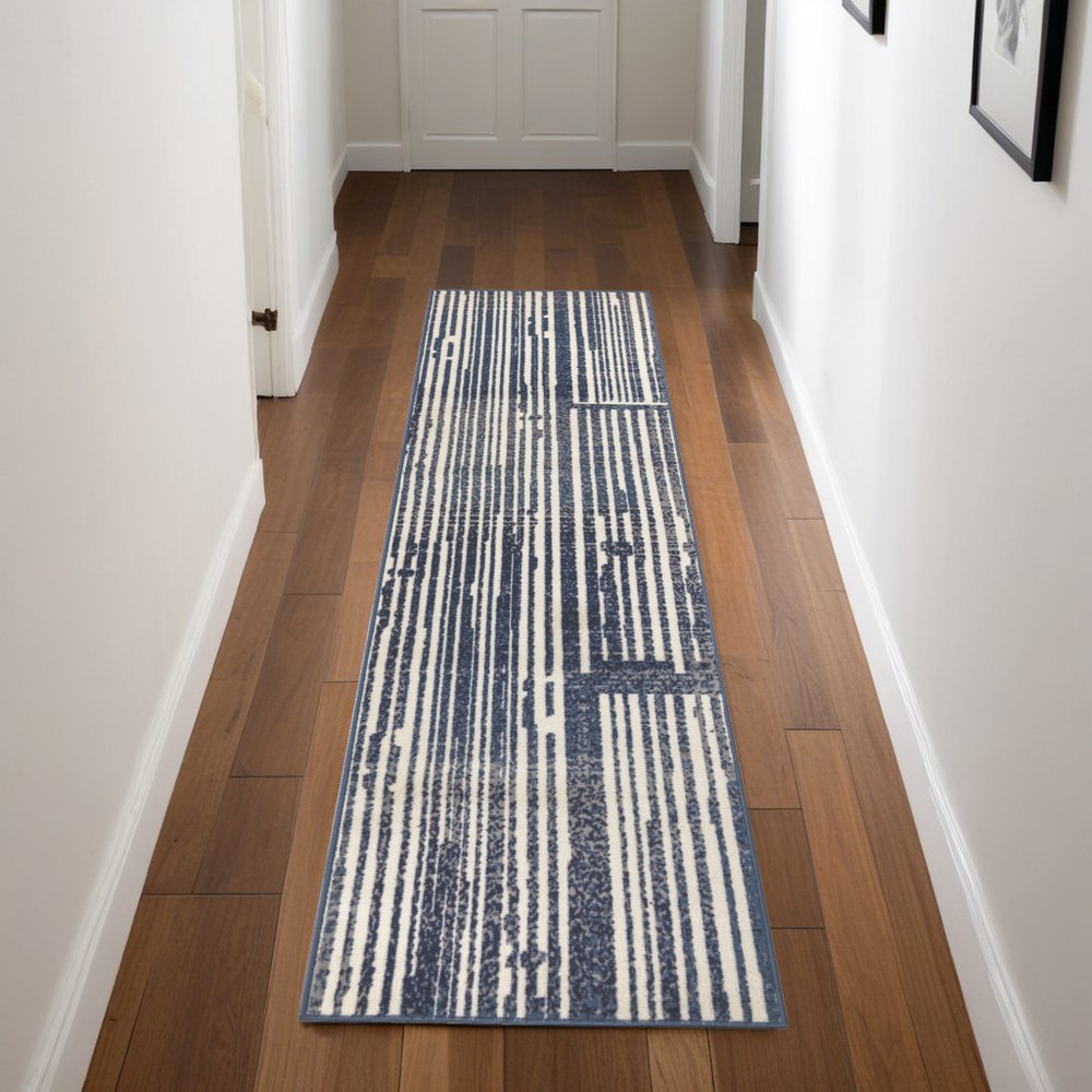 8' Blue And Gray Striped Runner Rug