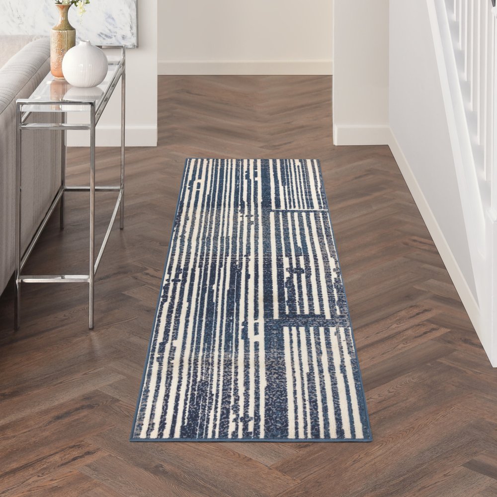 8' Blue And Gray Striped Runner Rug