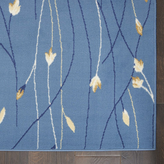 12' Blue And Ivory Floral Vines Runner Rug