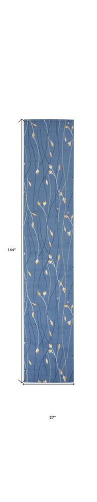 12' Blue And Ivory Floral Vines Runner Rug