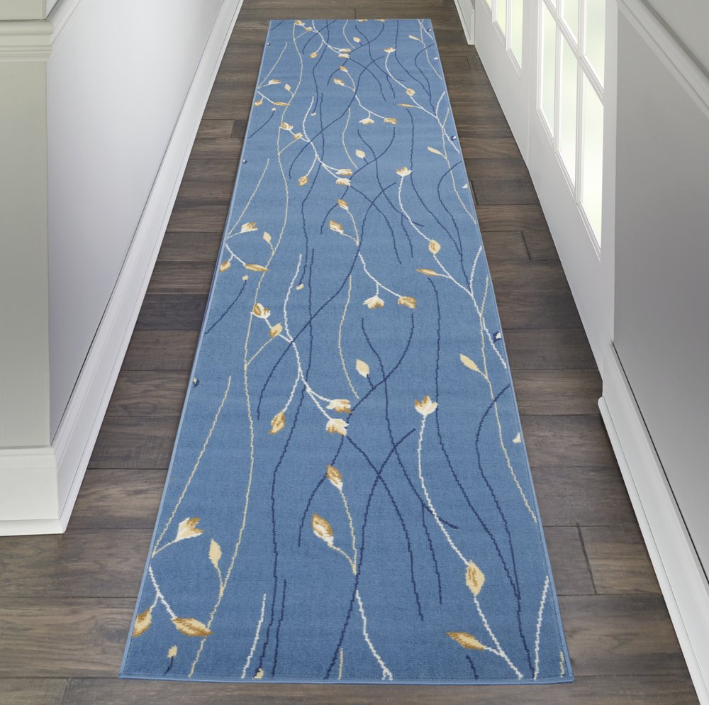 12' Blue And Ivory Floral Vines Runner Rug