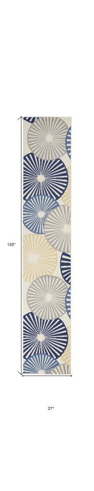 10' Ivory Blue And Gray Geometric Runner Rug