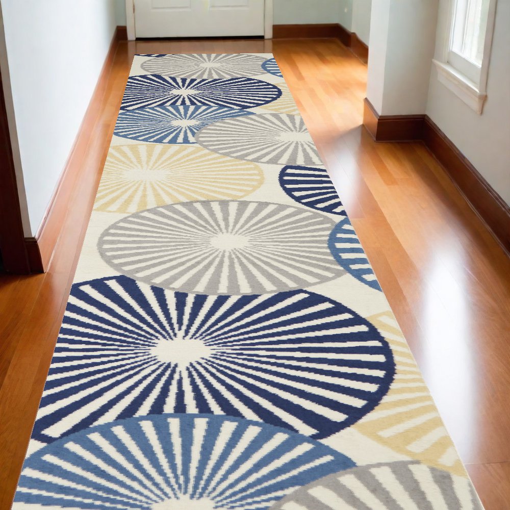 10' Ivory Blue And Gray Geometric Runner Rug