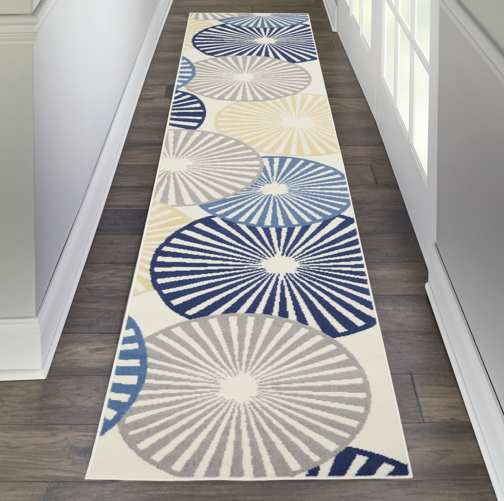 12' Ivory Blue And Gray Geometric Runner Rug