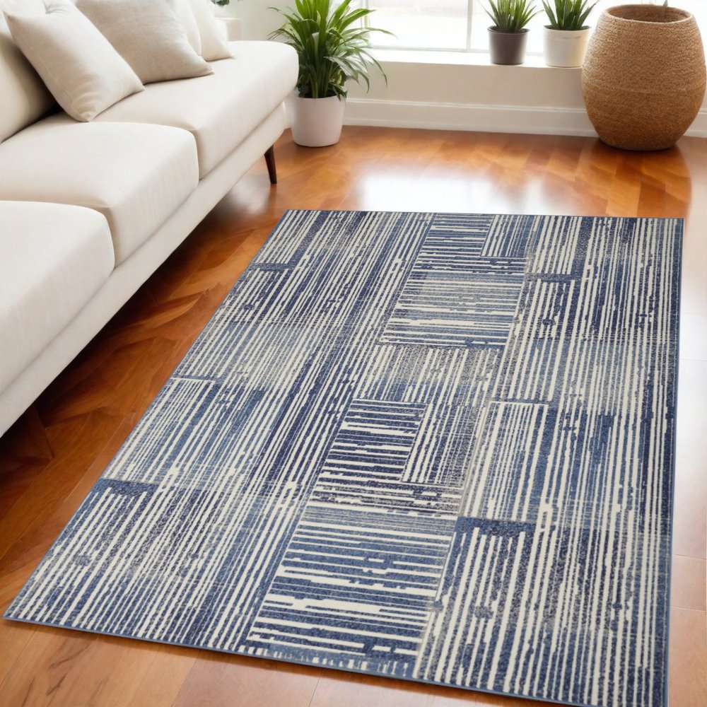 5' X 7' Blue and Gray Striped Power Loom Area Rug
