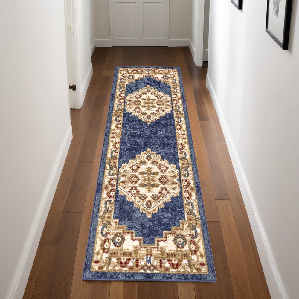 8' Blue And Gold Medallion Distressed Runner Rug