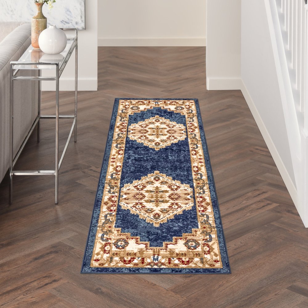 8' Blue And Gold Medallion Distressed Runner Rug