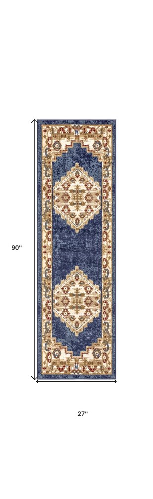 8' Blue And Gold Medallion Distressed Runner Rug
