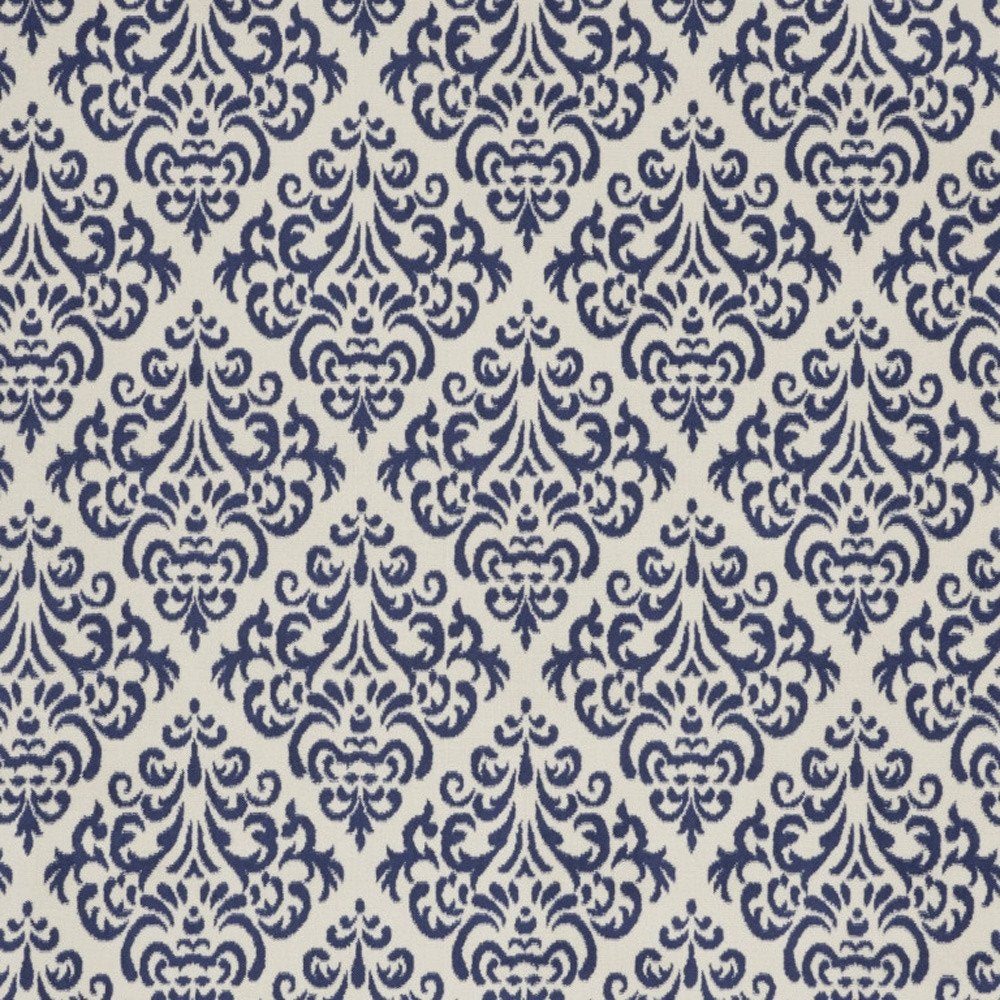 7' X 10' Blue and White Damask Power Loom Area Rug