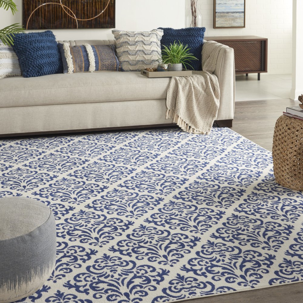 7' X 10' Blue and White Damask Power Loom Area Rug