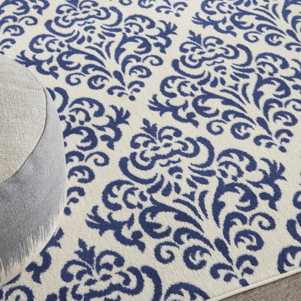 7' X 10' Blue and White Damask Power Loom Area Rug