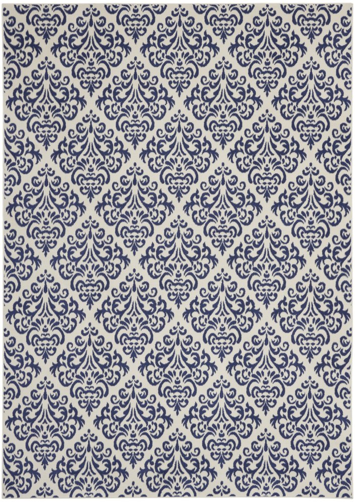 7' X 10' Blue and White Damask Power Loom Area Rug