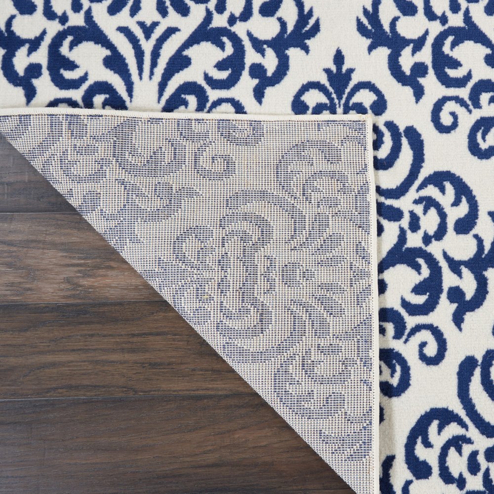 7' X 10' Blue and White Damask Power Loom Area Rug