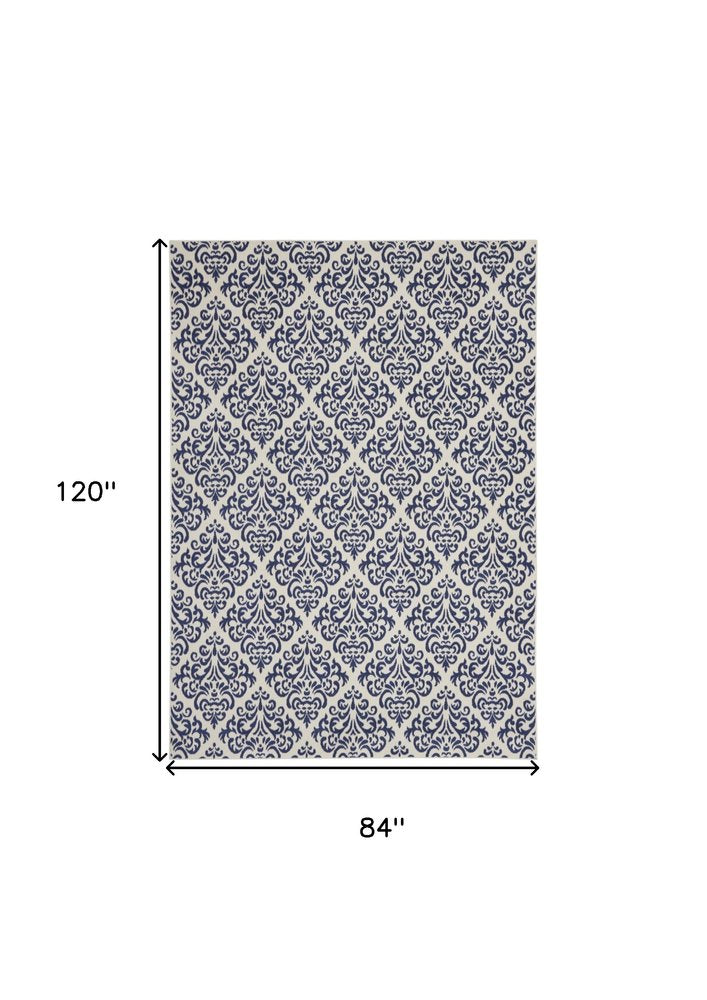 7' X 10' Blue and White Damask Power Loom Area Rug