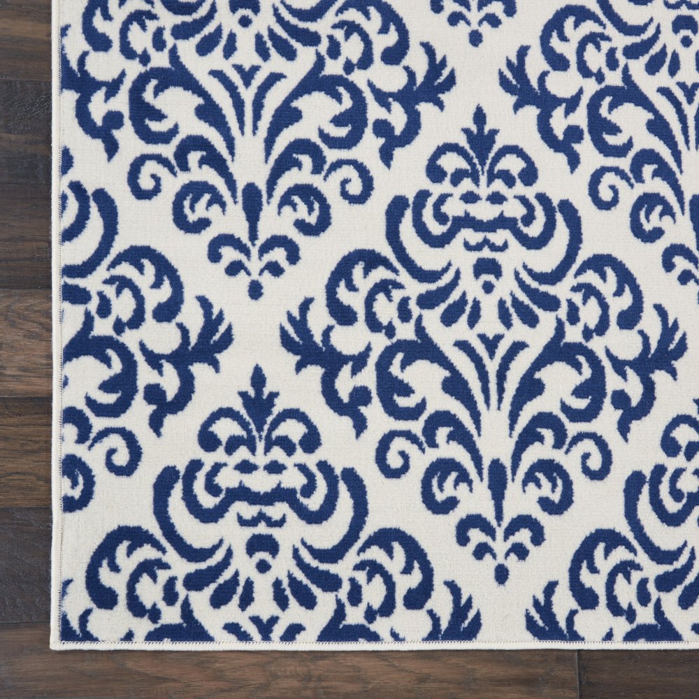 7' X 10' Blue and White Damask Power Loom Area Rug