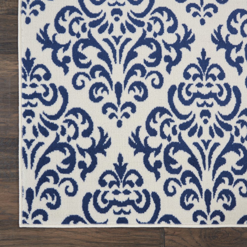 8' Blue And White Damask Runner Rug