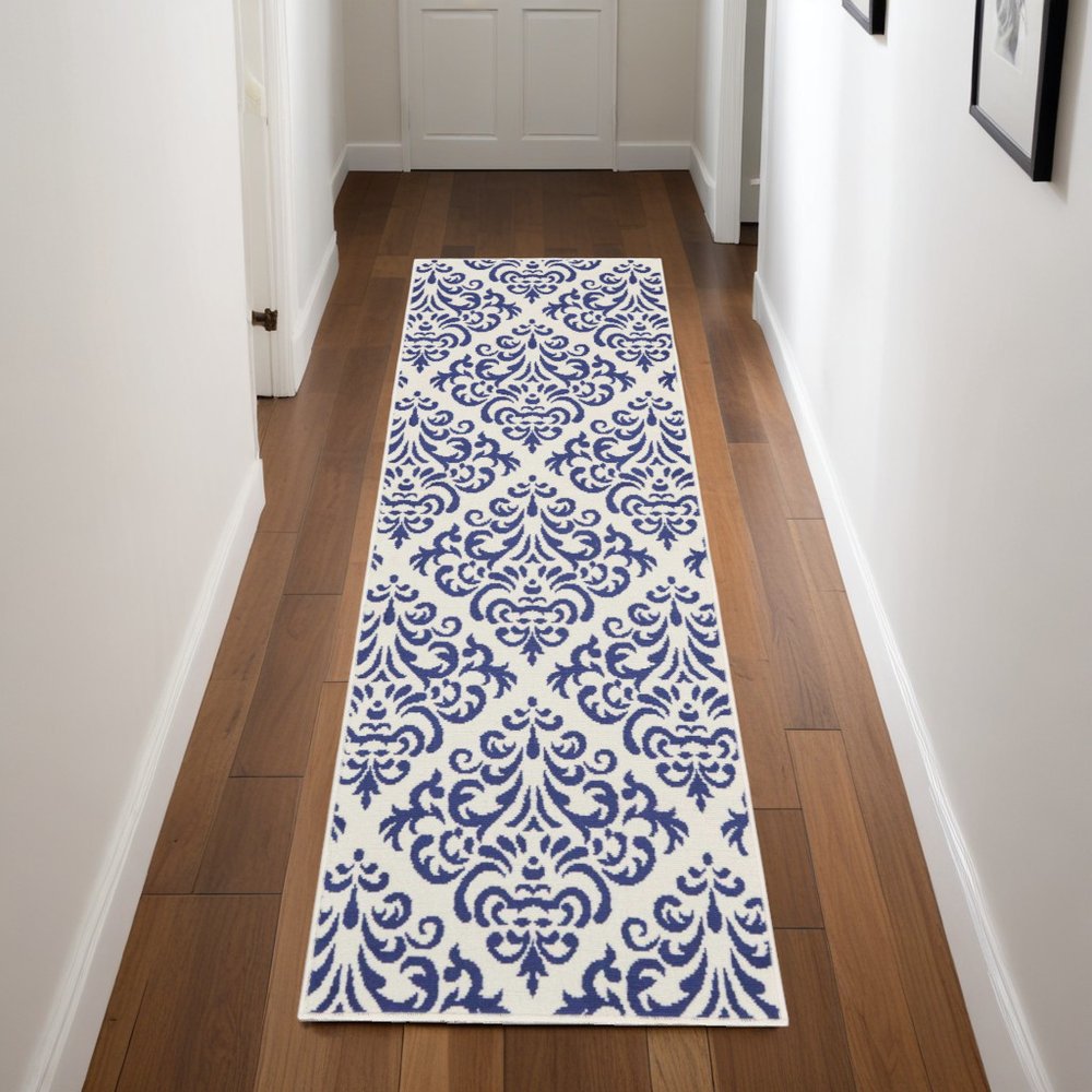 8' Blue And White Damask Runner Rug