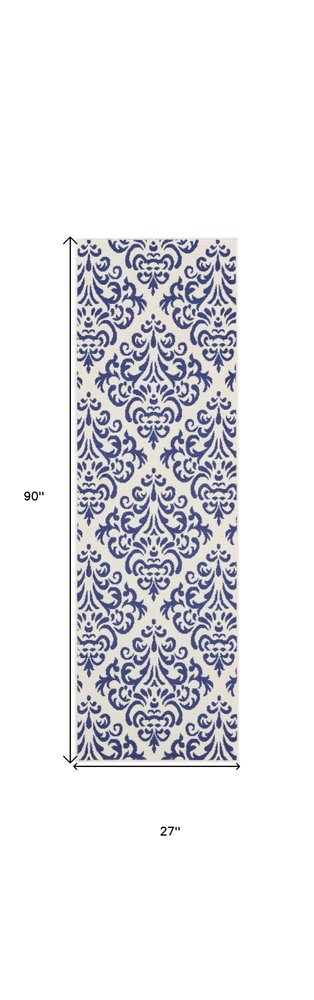 8' Blue And White Damask Runner Rug