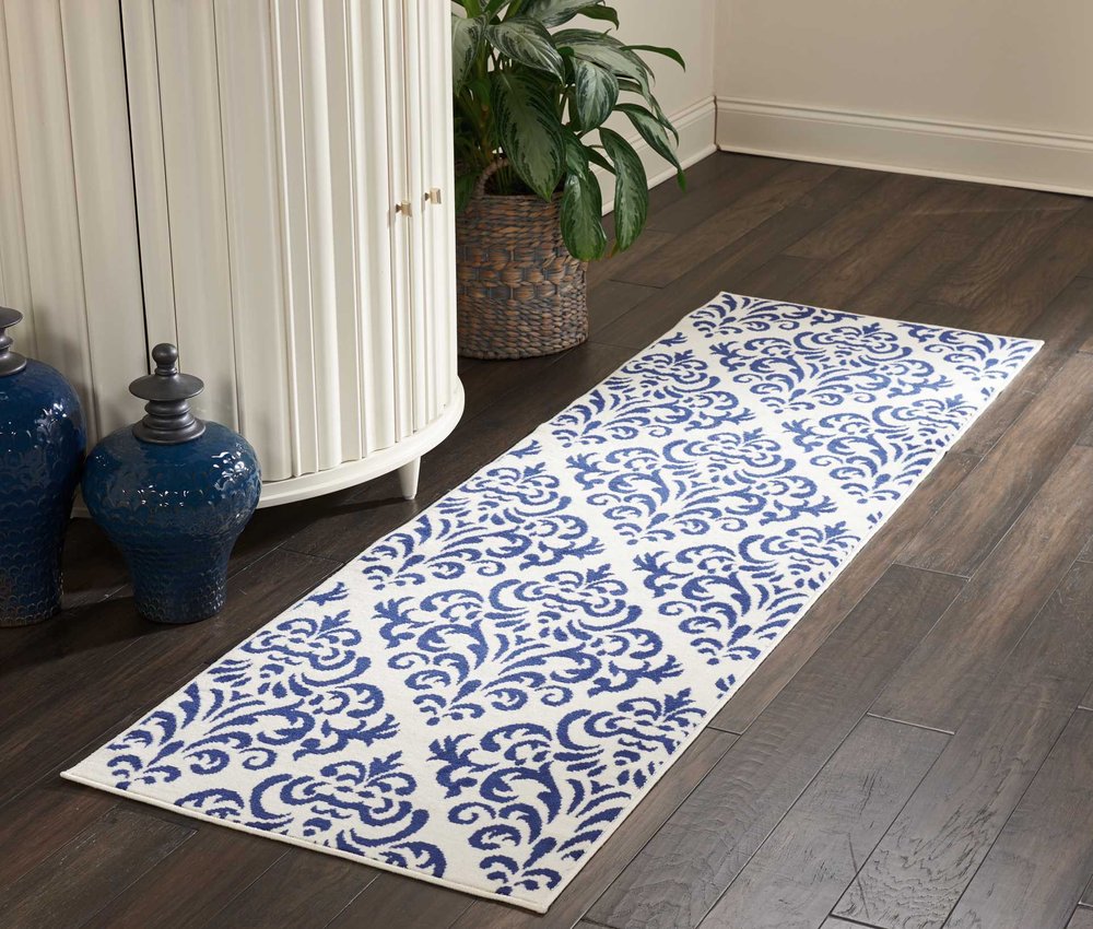 8' Blue And White Damask Runner Rug