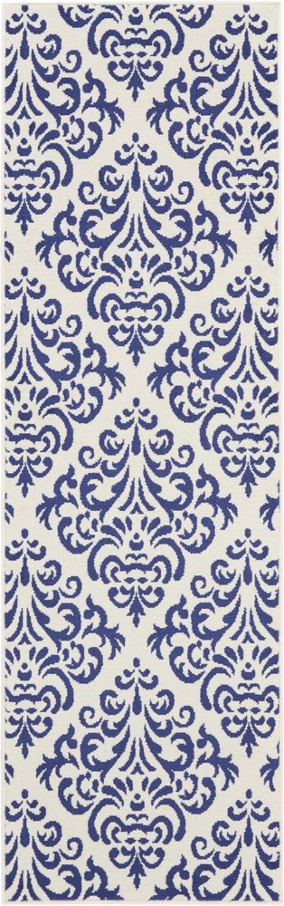 8' Blue And White Damask Runner Rug