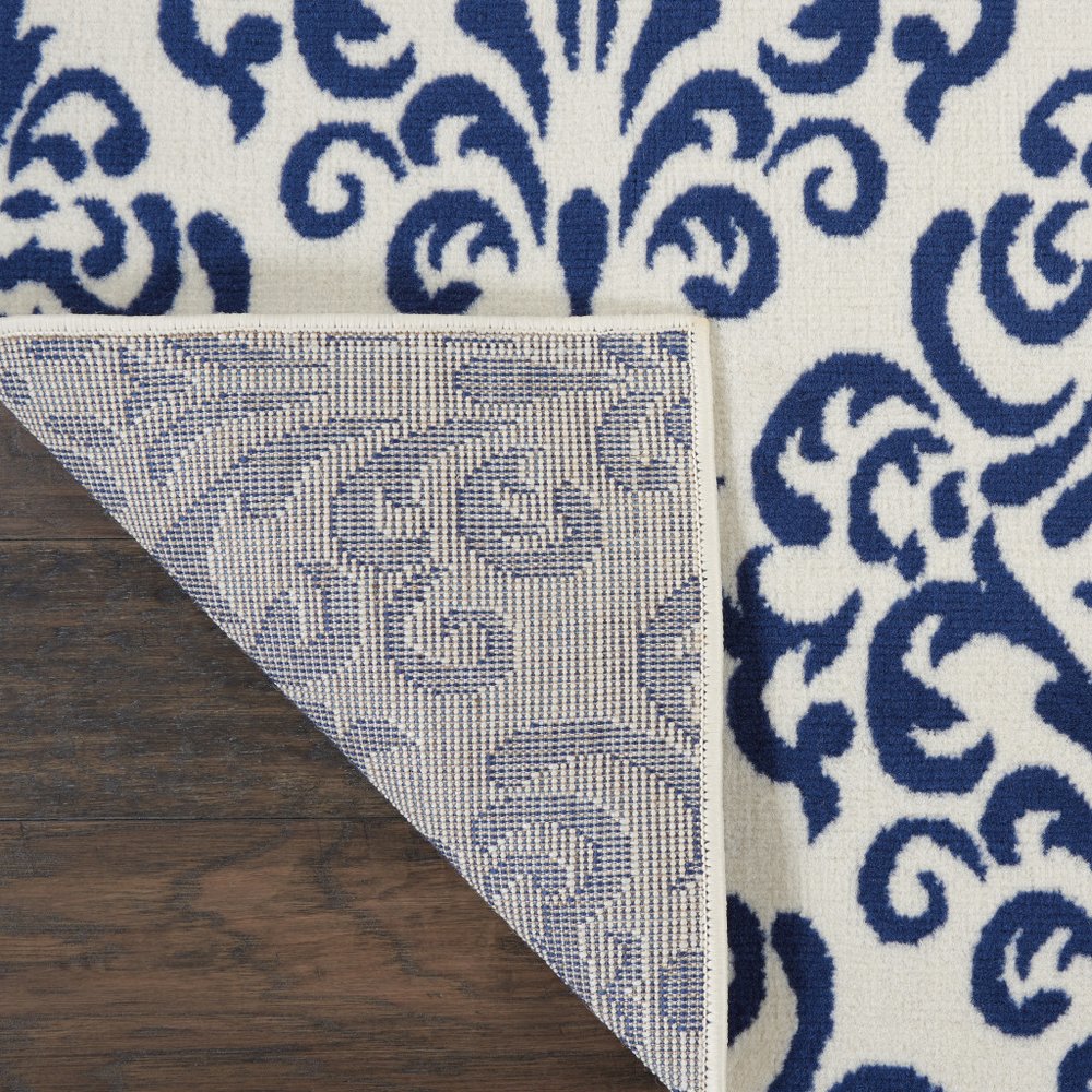 8' Blue And White Damask Runner Rug