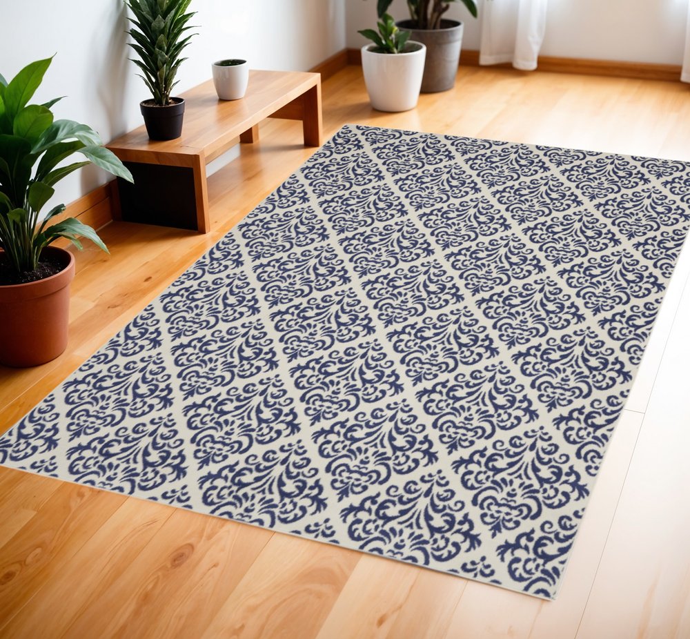 4' X 6' Blue and White Damask Power Loom Area Rug