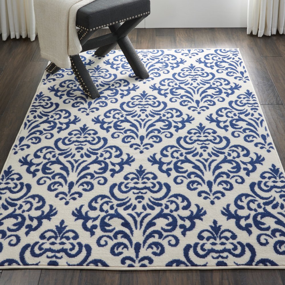 4' X 6' Blue and White Damask Power Loom Area Rug