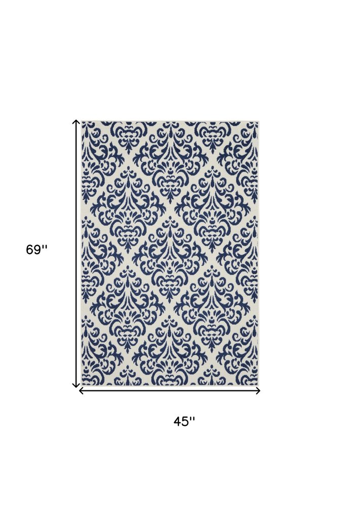 4' X 6' Blue and White Damask Power Loom Area Rug
