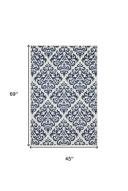 4' X 6' Blue and White Damask Power Loom Area Rug