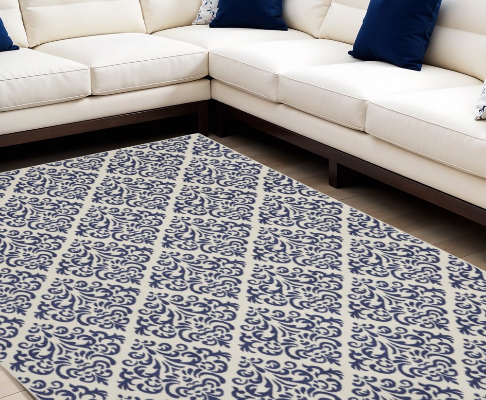 6' X 9' Blue and White Damask Power Loom Area Rug
