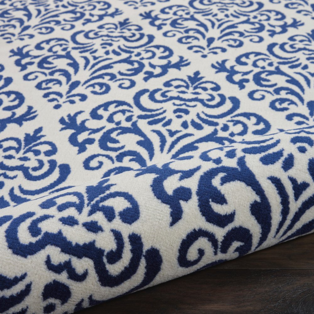 6' X 9' Blue and White Damask Power Loom Area Rug