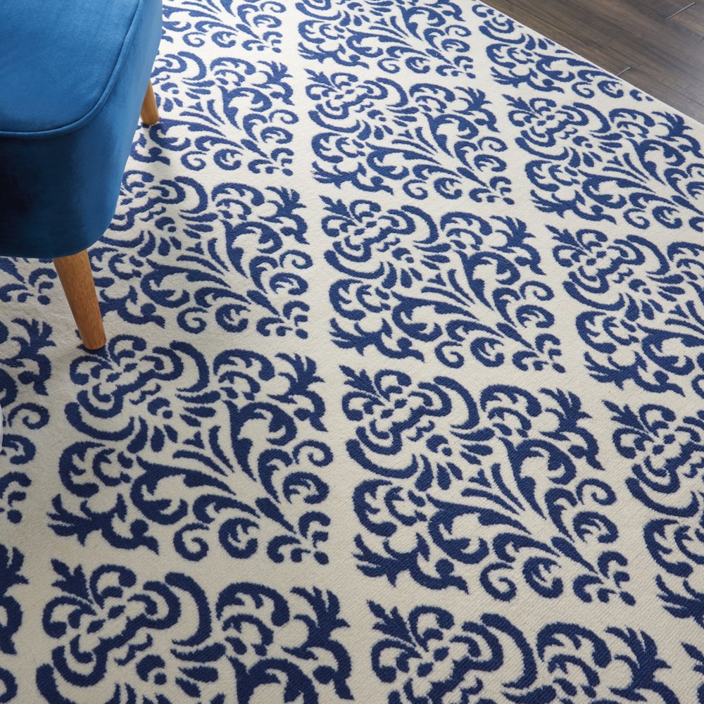 6' X 9' Blue and White Damask Power Loom Area Rug