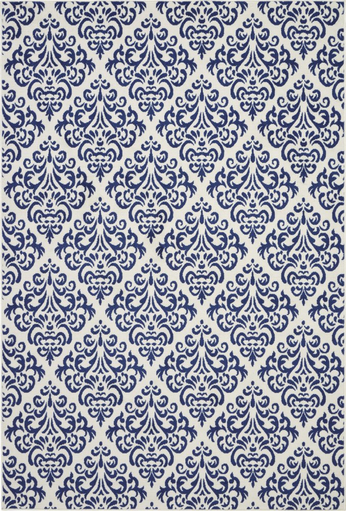 6' X 9' Blue and White Damask Power Loom Area Rug