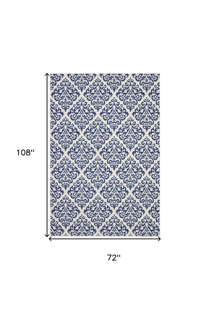 6' X 9' Blue and White Damask Power Loom Area Rug