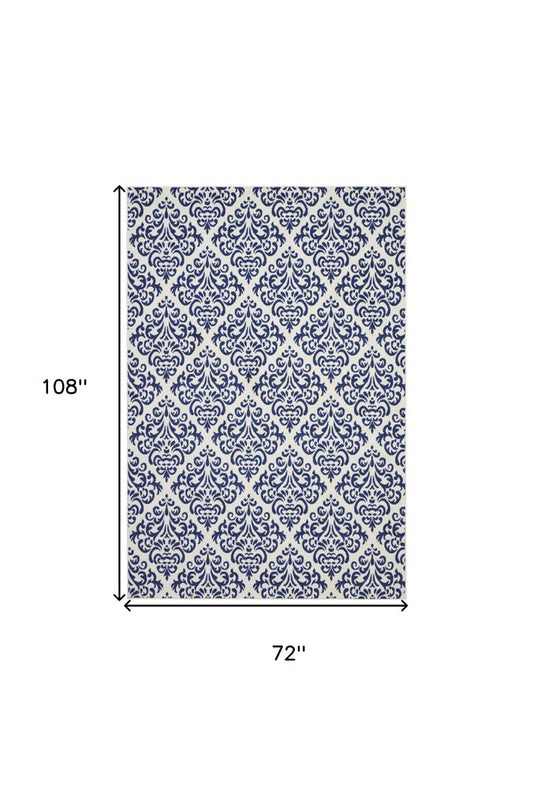 6' X 9' Blue and White Damask Power Loom Area Rug