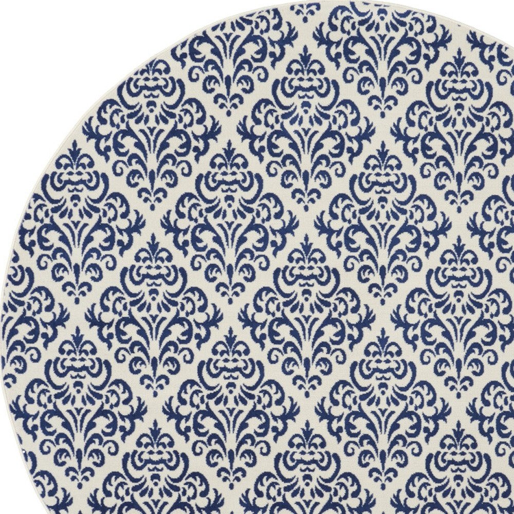 8' Blue and White Round Damask Power Loom Area Rug