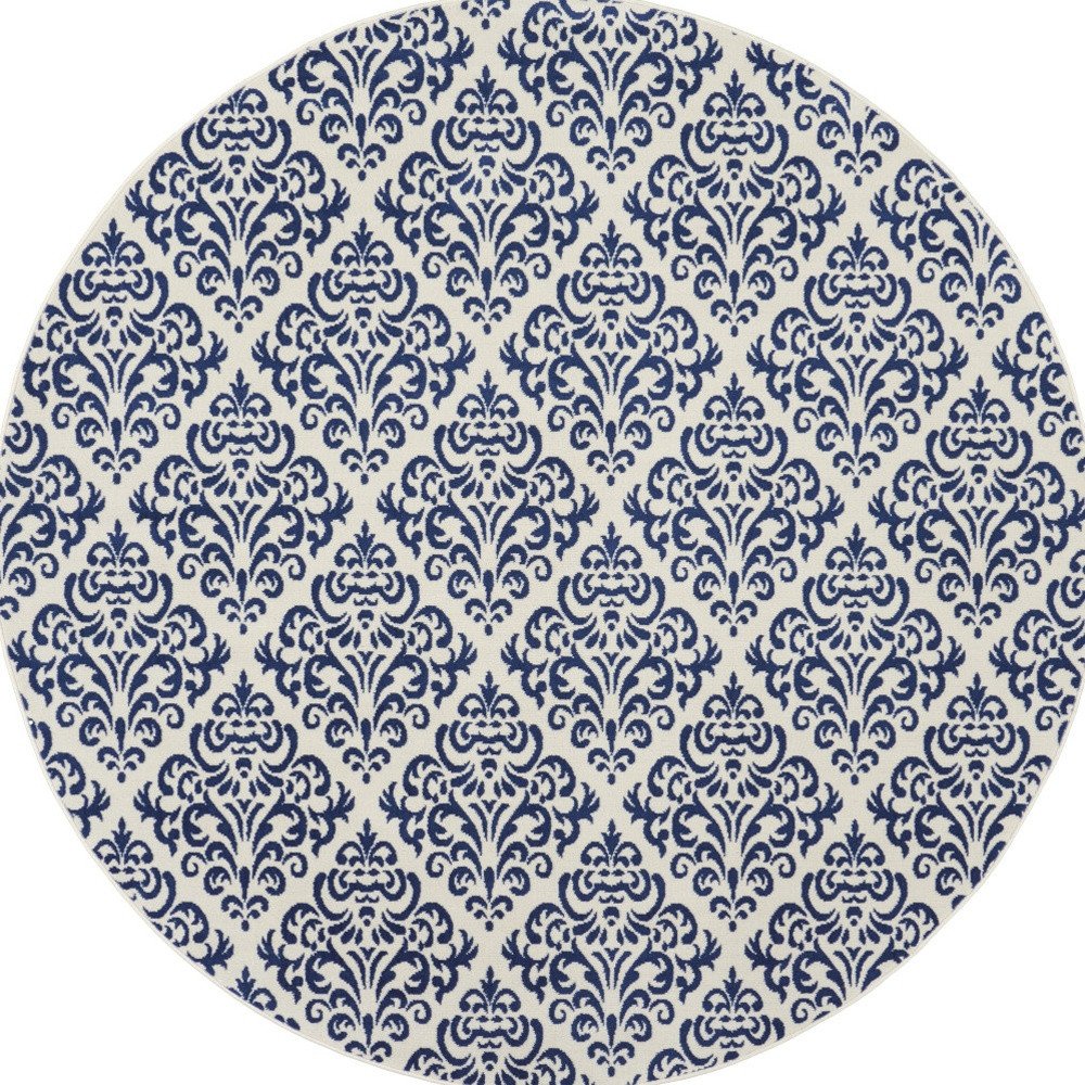 8' Blue and White Round Damask Power Loom Area Rug