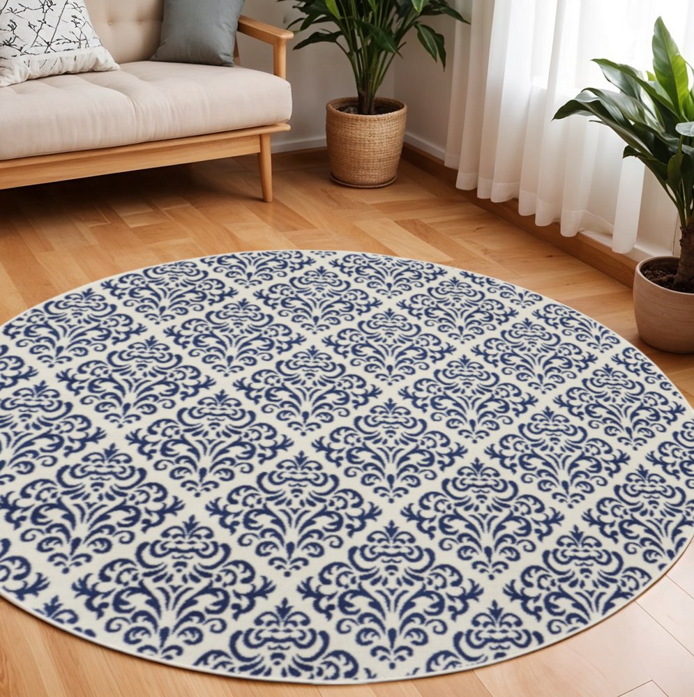 8' Blue and White Round Damask Power Loom Area Rug