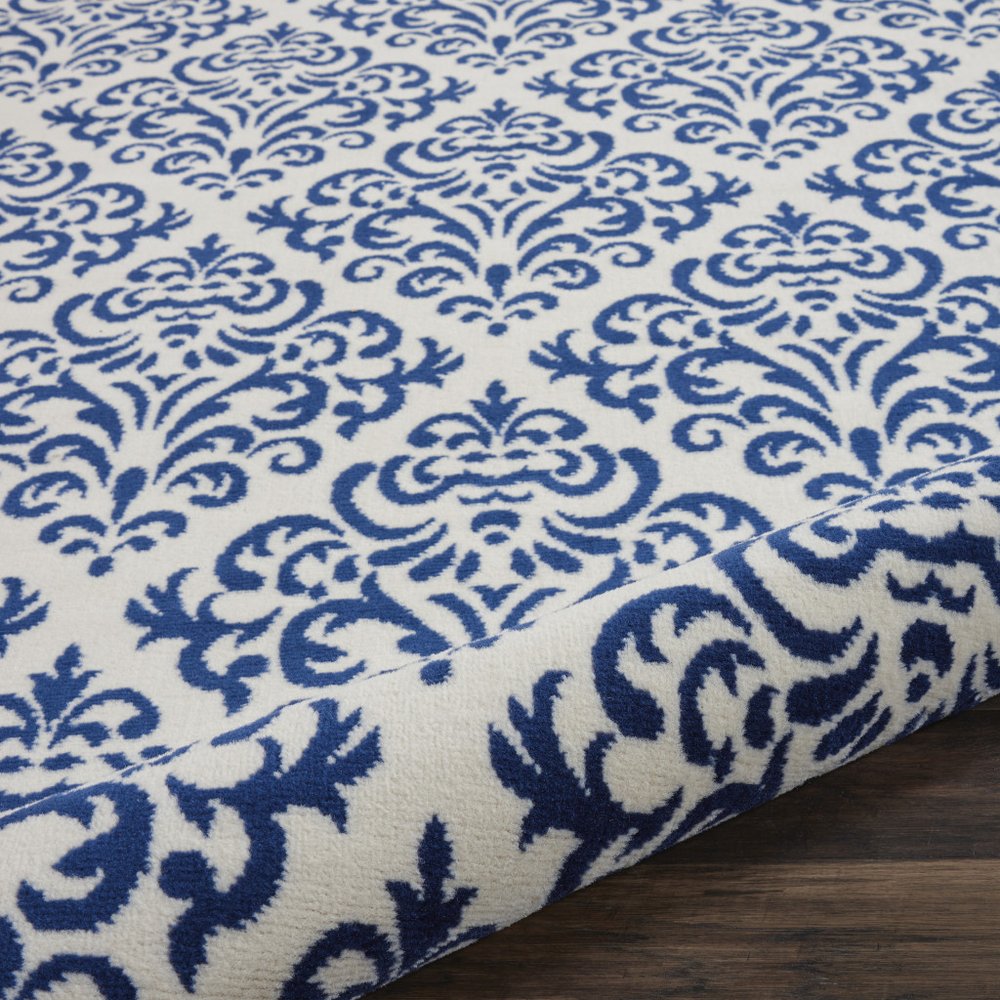 8' Blue and White Round Damask Power Loom Area Rug