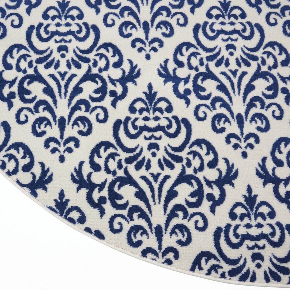 8' Blue and White Round Damask Power Loom Area Rug