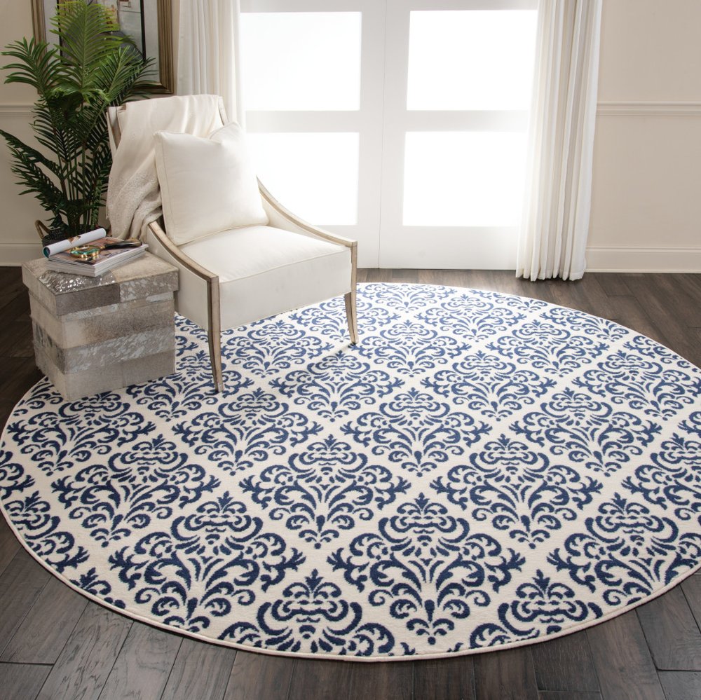 8' Blue and White Round Damask Power Loom Area Rug