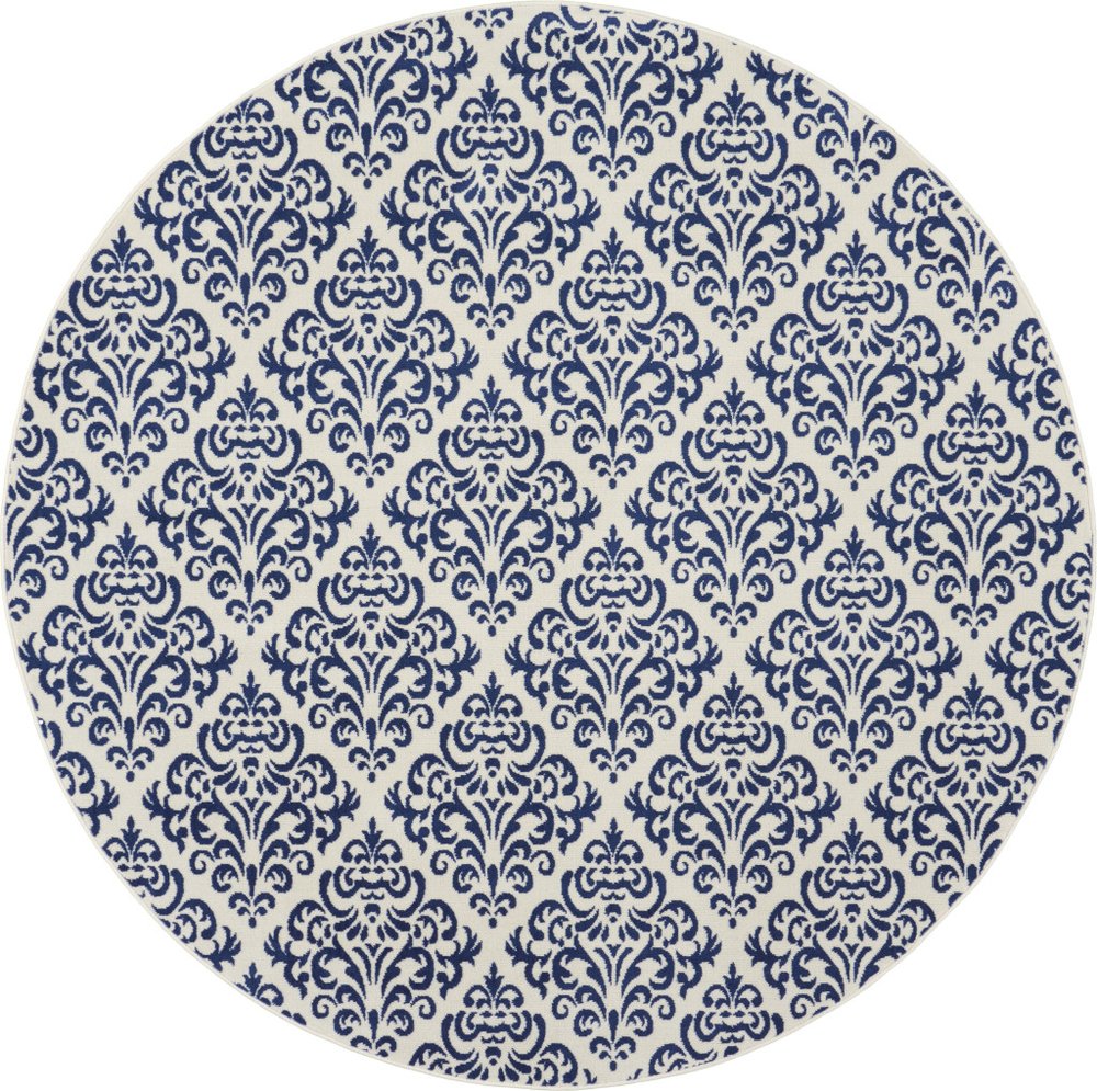 8' Blue and White Round Damask Power Loom Area Rug