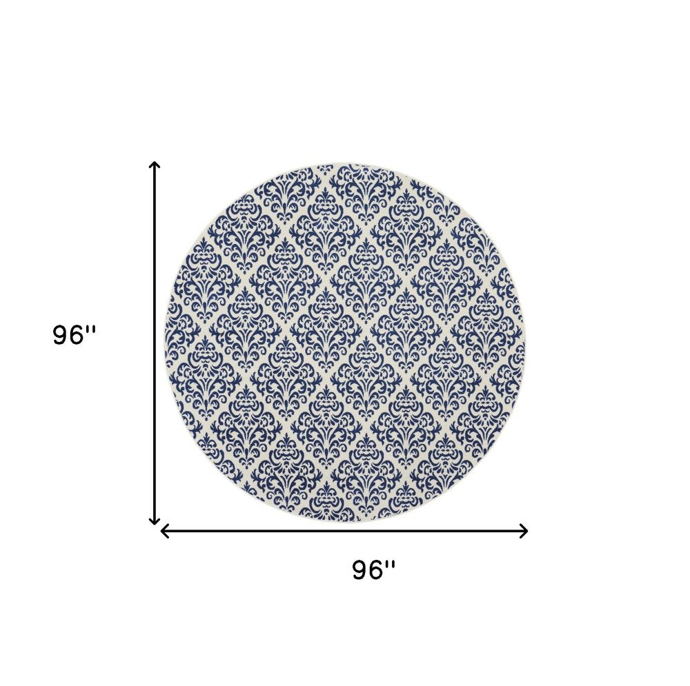 8' Blue and White Round Damask Power Loom Area Rug
