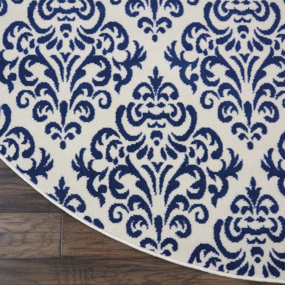 8' Blue and White Round Damask Power Loom Area Rug
