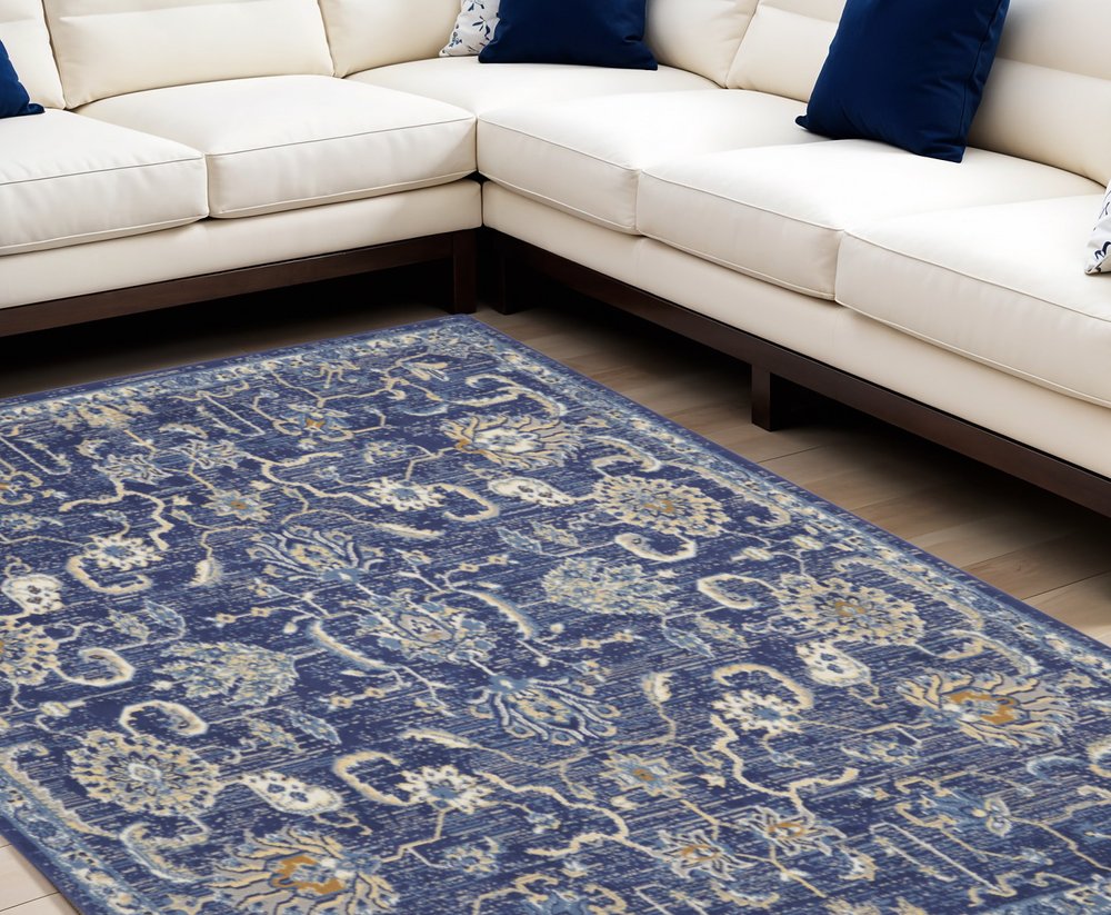 7' X 10' Blue and Beige Floral Power Loom Area Rug
