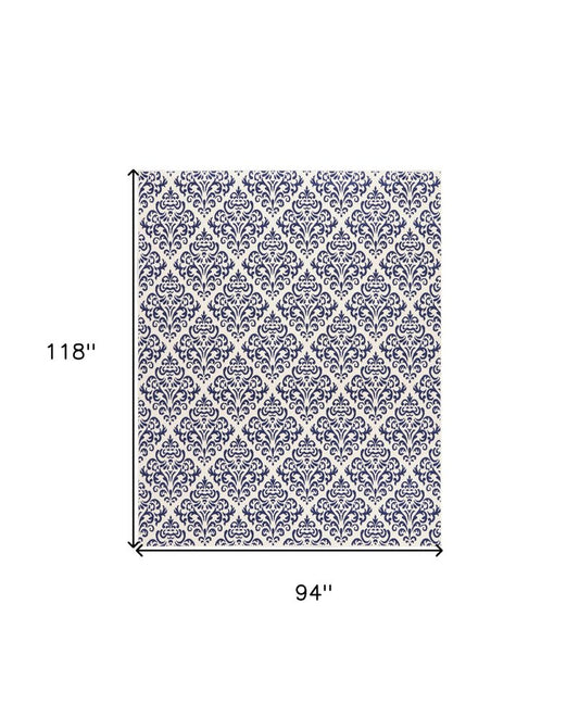 8' X 10' Blue and White Damask Power Loom Area Rug